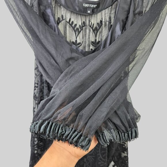 Karen Kane Blouse M Black Sheer Mesh Lace Embroidered Floral Whimsygoth Silk Top - Picture 6 of 13